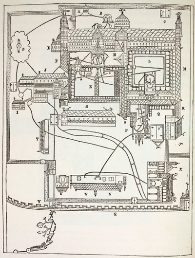 Plano del Monasterio Benedictino en Canterbury en el siglo XII, de Vida Militar y Religiosa en la Edad Media por Paul Lacroix, publicado en Londres c.1880 de French School