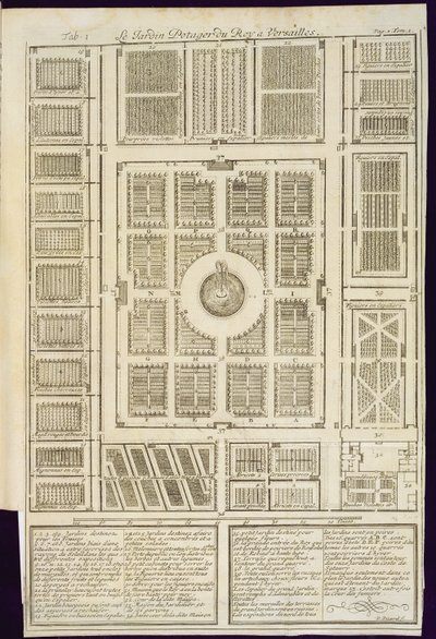 Plano de los jardines de vegetales del Rey en Versalles, de Le Parfait Jardinier, ou Instruction pour les Jardins Fruitiers et Potager, por Jean de la Quintinye, publicado en 1695 de French School