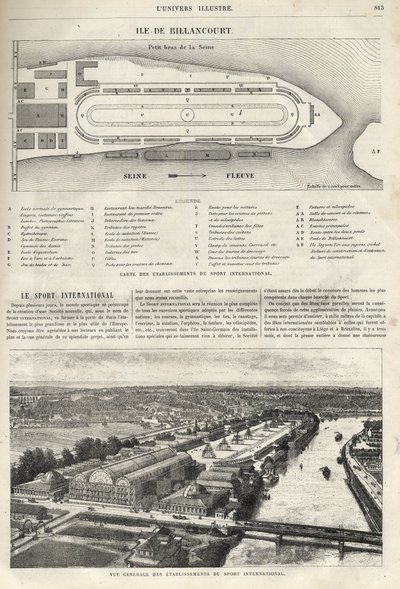 Plano del establecimiento del Deporte Internacional, que debe construirse en la isla de Billancourt en 1869 - vista general de los establecimientos de deporte internacional en la isla de Billancourt en 1869 de French School
