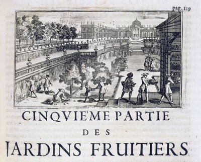 Plantación de árboles frutales, de Le Parfait Jardinier, ou Instruction pour les Jardins Fruitiers et Potager, por Jean de la Quintinye, publicado en 1695 de French School