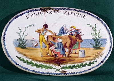 Placa que representa El Origen de la Vacunación, finales del siglo XVIII (cerámica vidriada) de French School