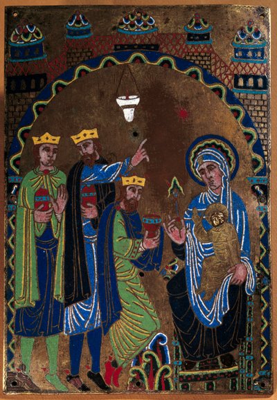 Placa del altar mayor de la abadía de Grandmont: Adoración de los Magos. Esmalte doré y chiselé sobre cobre. 1275-1300. Procedente de Limoges. París, Museo Nacional de la Edad Media, Thermes de Cluny de French School