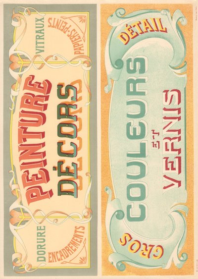 Placa 22: Modelos de señalización para pintor de letras Art Nouveau (Decoraciones de pintura, colores y barniz) de French School