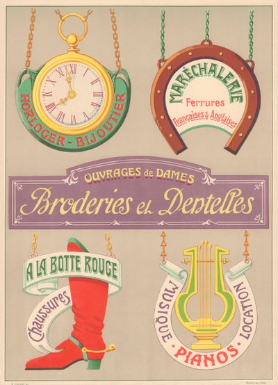 Placa n° 15: Modelos de señalización para pintor de letras Art Nouveau (Relojero-Joyero, Herrería, Bordado y Encaje, Zapatos, Pianos de música) de French School
