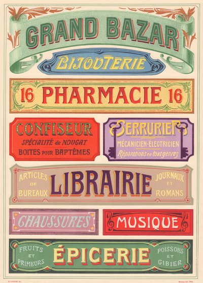 Placa n° 18: Modelos de señalización para pintor de letras Art Nouveau (Gran bazar, Joyería, Farmacia, Confitería, Cerrajería, Librería, Zapatos, Música, Tienda de comestibles) de French School
