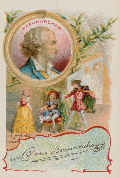 Dramaturgo Pierre-Augustin Caron de Beaumarchais con una escena de Las bodas de Fígaro de French School