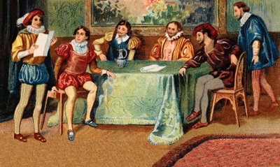 La Pléyade en casa de Ronsard. Los poetas Joachim du Bellay (1522-1560), Jean Antoine de Baïf (1532-1589), Jean Dorat (Auratus de su verdadero nombre Jean Dinemandi) de French School