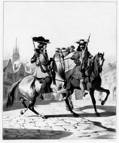 Fuerza policial en el siglo XVII: a la izquierda Arquero del mariscal de la Isla de Francia y a la derecha arquero del teniente - grabado, Bibl. des Arts deco. de French School