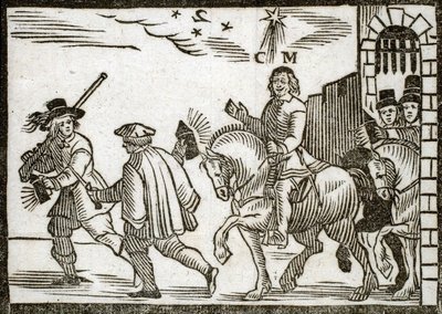 Panfletos políticos Mazarinade: Mazarin huye de París a caballo, en medio de la noche, precedido por dos sirvientes que llevan linternas. Madera grabada 1651 de French School