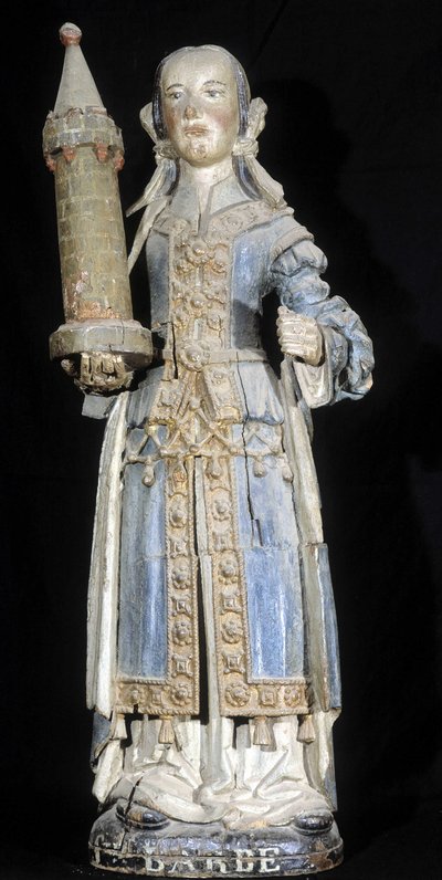 Escultura de madera policromada que representa a Santa Bárbara (finales del siglo XVI), conservada en el Museo de Dinan de French School