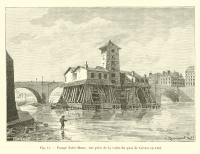 Bomba Notre-Dame, vista desde la bóveda del muelle de Gevres en 1861 de French School