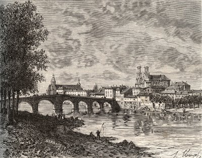 Pont-a-Mousson - Meurthe-et-Moselle - grabado en “La France illustree: geographie, histoire, administración statistique” por V.-A. Malt-Brown. 1884 de French School