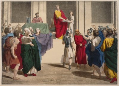 Poncio Pilato lavándose las manos ante Jesús, ilustración de un catecismo L