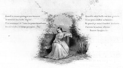 Pobre Jacques. Chica sola sentada en un banco, sosteniendo un rastrillo. Grabado en “Chants et chansons populaire de la France”, Tomo 2 de French School