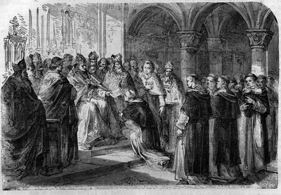 El Papa Adriano II (792-872) entregó a uno de sus legados una bula de excomunión contra Lord Normando. Grabado en “Historia de los Papas-Reyes-Reinas y Emperadores a través de los siglos” por Maurice Lachatre de French School
