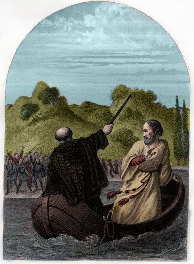 El Papa Eugenio IV (Eugenio, Eugenio) (1431-1447) escapa en un bote para huir de la ira de los romanos - PAPA EUGENIO IV (Gabriele Condulmaro) opuesto por la poderosa familia Colonna, tiene que huir de Roma, mientras sus enemigos eligen un antipapa - Graba de French School