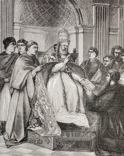 El Papa Gregorio IX entregando las Decretales a un abogado del Consistorio, de 