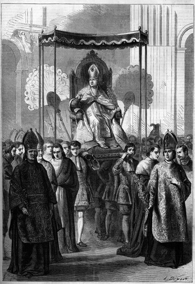 El Papa Pío IX (1792-1878) llevado en procesión a la Iglesia de San Pedro en Roma (Italia) el Domingo de Ramos en 1861. Grabado en “Le Monde Illustré” n°209 del 13 de abril de 1861 de French School
