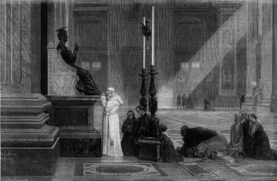 El Papa Pío IX (1792-1878) rezando cerca de la estatua de San Pedro en la Basílica de San Pedro en Roma. Grabado de 