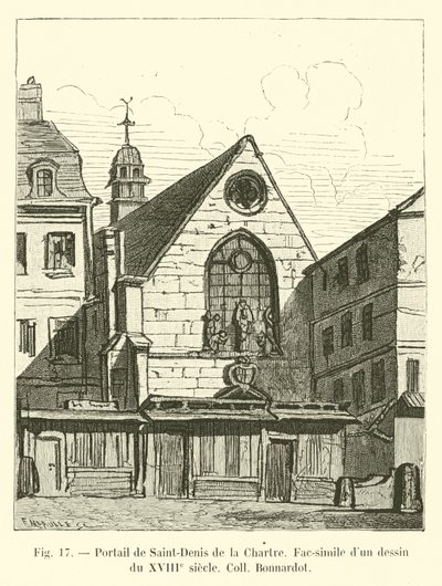 Portal de Saint-Denis de la Chartre, facsímil de un dibujo del siglo XVIII, Colección Bonnardot de French School