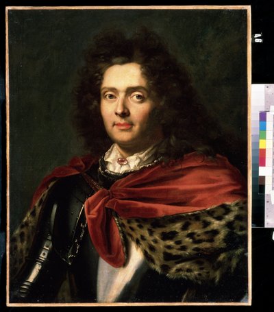 ""Retrato de un aristócrata francés del siglo XVIII"" Lleva una capa de piel sobre su armadura. Pintura de la escuela francesa de mediados del siglo XVIII Mikhail Kroshitsky Art Museum, Sebastopol (Sebastopol) Ucrania de French School