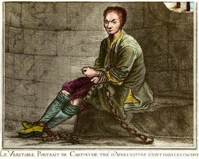 Retrato de cuerpo entero de Louis Dominique Cartouche (1693-1721), bandido francés en su calabozo. Grabado del siglo XVIII Colección privada de French School