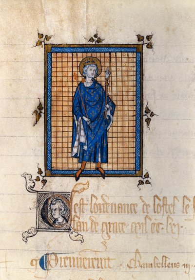 Retrato de cuerpo entero de San Luis en majestad (Luis IX) (1214-1270) Miniatura tomada del "Registro de Ordenanzas del Hotel del rey". París, Archivos Nacionales de French School