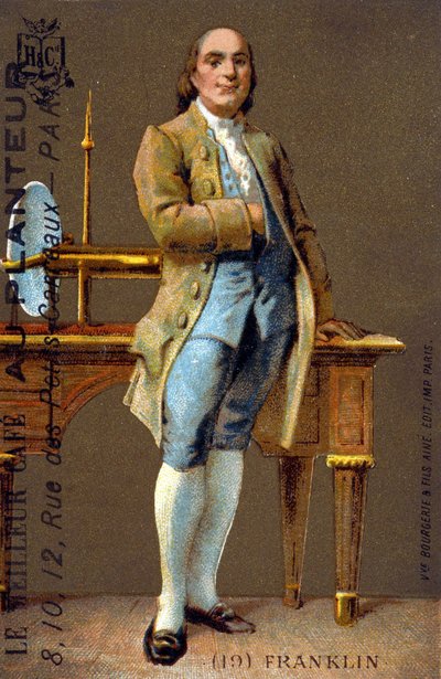 Retrato de pie de Benjamin Franklin, político y físico estadounidense (1706-1790) - cromo, deb. siglo XX de French School