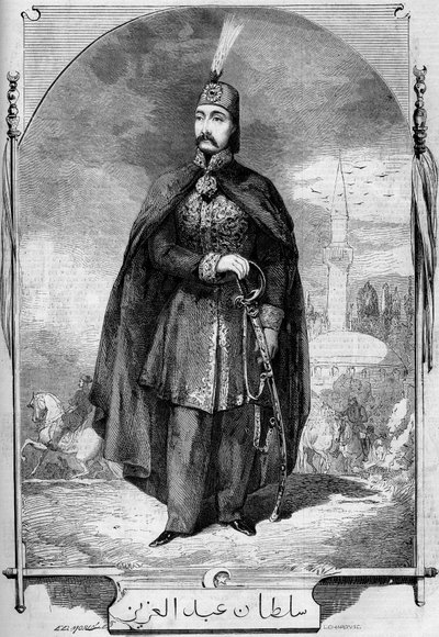 Retrato de Abdul Aziz (1830-1876), sultán del Imperio Otomano. Grabado en "Le Monde Illustré" n°224 del 27 de julio de 1861 de French School