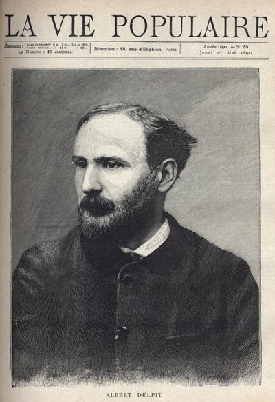 Retrato de Albert Delpit (1849-1893), novelista y dramaturgo. Grabado en “La vie populaire” de French School