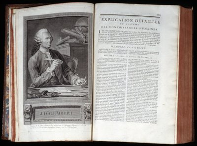 Retrato de Alembert y una página de texto de la Enciclopedia de Diderot y Alembert de French School