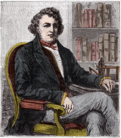 Retrato de Andre Marie Ampere (1775-1836) físico francés - Andre-Marie Ampere (1775-1836), físico francés y pionero de la electrodinámica - Grabado en “Ciencias al alcance de todos - física y química populares” por Alexis Clerc - Finales del siglo XIX de French School
