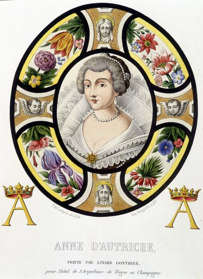 Retrato de Ana de Austria, Reina de Francia (1601-1666). Facsímil de un vitral de la Edad Media en “Histoire de la peinture sur verre” de Ferdinand de Lasteyrie de French School