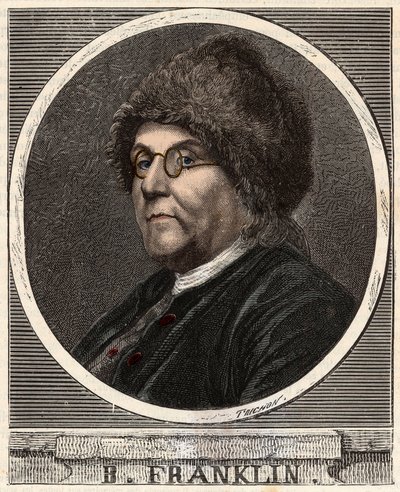 Retrato de BENJAMIN FRANKLIN (1706-1790) impresor, editor, científico, inventor, estadista y diplomático estadounidense - Retrato de Benjamin Franklin (1706-1790), físico, filósofo y político estadounidense - Grabado en “Ciencias puestas al alcance de todo de French School