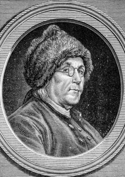 Retrato de Benjamin Franklin (1706 - 1790), político, memorialista, panfletista y físico estadounidense - en "Álbum de la Ciencia; ilustres eruditos; Grandes descubrimientos" 1896 de French School