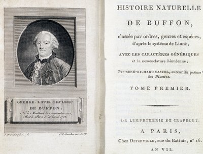 Retrato de Buffon y portada de la "Historia Natural de Buffon" clasificada por órdenes, géneros y especies, según el sistema Linné. de French School