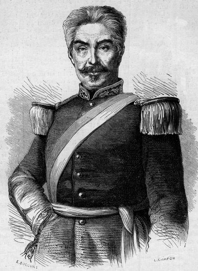 Retrato de Don Miguel San Roman (1803-1863), Presidente de Perú. Grabado en "Le Monde Illustré" n°320 del 30 de mayo de 1863 de French School