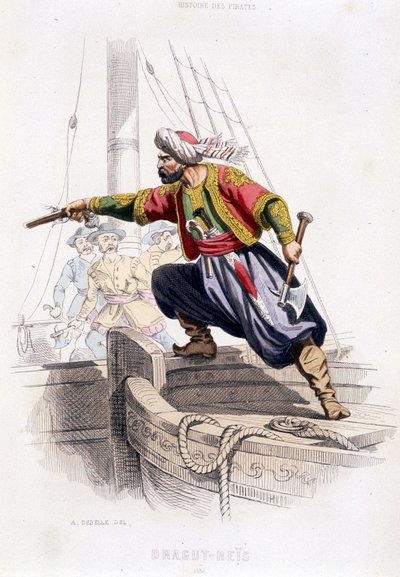 Retrato de Dragut - Reís, pirata turco del siglo XVI - en "Historia de los piratas y corsarios del Océano y del Mediterráneo" por P. Christian, París, ed. D. Cavaillès, Tomo 1 de French School