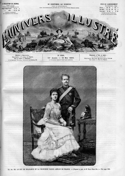Retrato del Duque Carlos Fernando de Braganza (1863-1908) y la Princesa de Francia María Amelia de Orleans (1865-1951). Él se convirtió en el Rey Carlos I de Portugal. Un periódico. Grabado en “Le Monde Illustré”, 22 de mayo de 1886. de French School