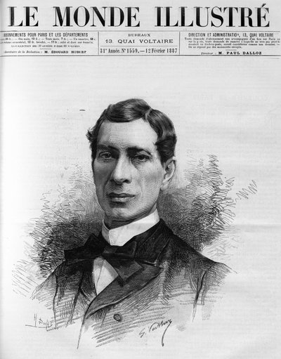 Retrato de Edouard Herve (1835-1899) miembro de la academia francesa, elegido en 1886. Fue un ardiente defensor de la prensa barata accesible para todos, en "El Mundo Ilustre" de French School