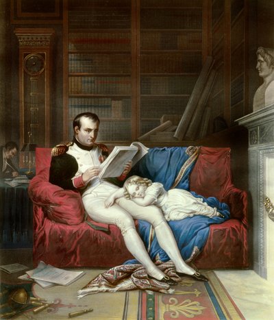 Retrato del emperador Napoleón I (1769-1821) y su hijo el rey de Roma Napoleón II, duque de Reichstadt (1811-1832) dormido en su regazo. Grabado del siglo XIX Malmaison, museo del castillo de French School