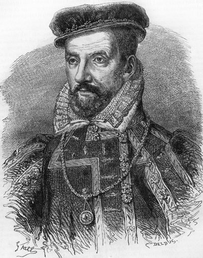 Retrato de Gaspard de Coligny, conocido como el Almirante de Coligny (1519-1572). En “Histoire Populaire de la France”, s.d. circa 1885. Grabado de French School
