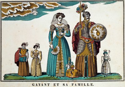Retrato de Gayant, un gigante que simboliza la ciudad de Douai, representado con su familia: su esposa, Marie Cagenon, y sus tres hijos, Jacquot, Fillon y Binbin. Grabado del siglo XVIII, imaginería de Belfort. Colección Ferrand de French School