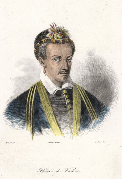 Retrato de Enrique III (1551 - 1589), Rey de Francia (con un pendiente). Grabado del siglo XIX de French School