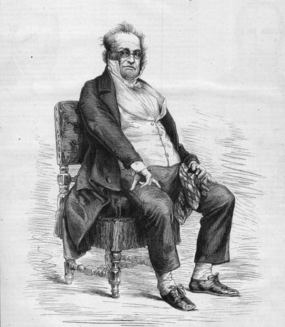 Retrato de Henry Monnier (1799-1877), dramaturgo, dibujante y comediante francés. Está vestido como “Monsieur Prudhomme”, un personaje inventado por Monnier, una caricatura de la burguesía francesa en el siglo XIX. Grabado en “Le Monde Illustré” n°1031. de French School