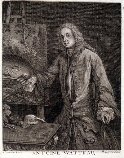 Retrato de Jean Antoine Watteau (1684-1721), pintor francés - grabado de French School