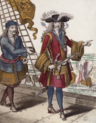 Retrato de Jean Bart sosteniendo una mecha encendida en su boca durante un encuentro naval de French School