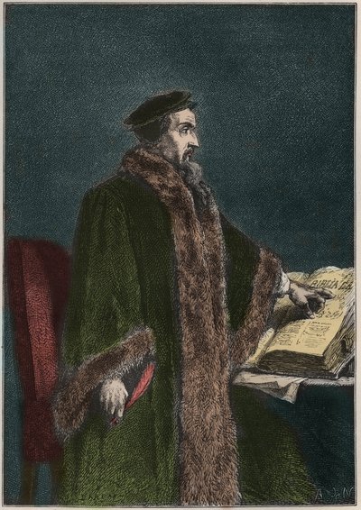 Retrato de Jean Calvin (Jean Cauvin) (1509-1564), reformador religioso y escritor francés - Juan Calvino - grabado de “La historia de Francia contada a mis nietos” - por François Guizot - 1872-1876 de French School