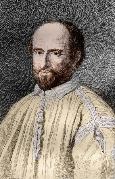 Retrato de Jean Duvergier de Hauranne (1581-1643), Abad de Saint-Cyran, religioso y teólogo jansenista francés (Jean du Vergier de Hauranne, Abad de Saint Cyran (1581-1643) monje francés que introdujo el jansenismo en Francia) Grabado de "Les mysteres de French School