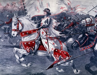 Retrato de Juana de Arco a caballo con bandera real, finales del siglo XIX en Francia de French School